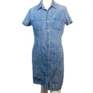 LL Bean Denim Snap Front Womens Size 8 Dress Knee Length Short Sleeve Excellent